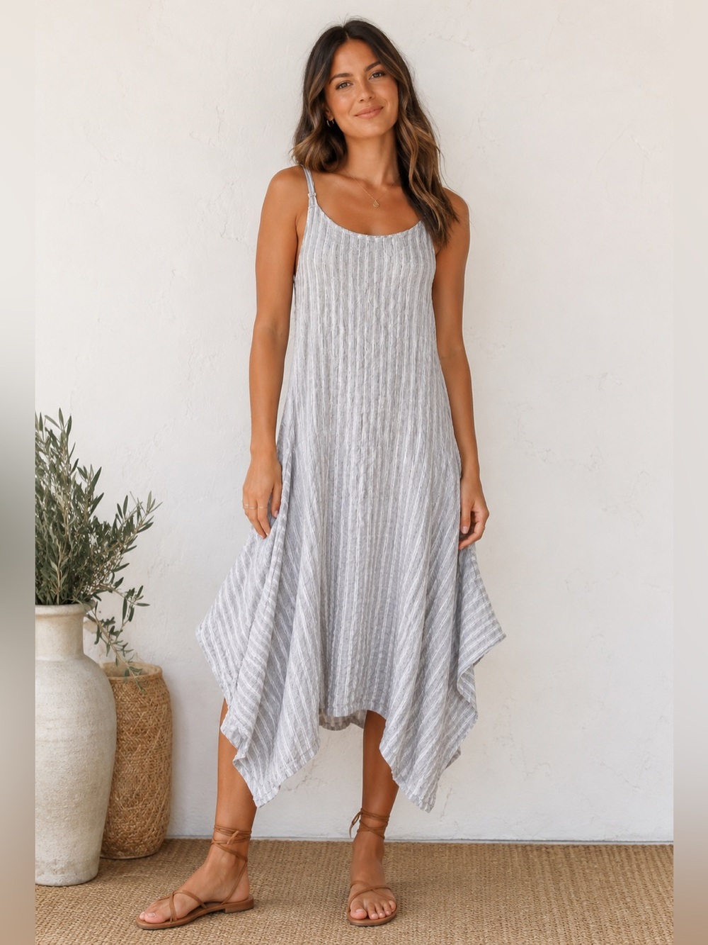 Krista Larson Gray Stripe Cotton Gauze Handkerchief Hem Dress OS USA